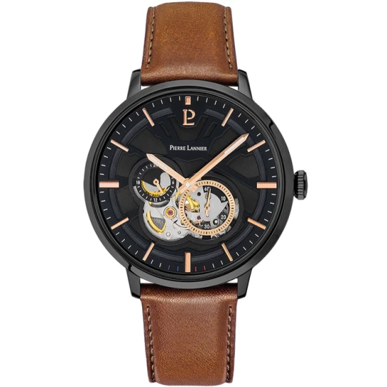 Мъжки ръчен часовник с автоматичен механизъм - корпус от Стомана - Естествена кожа - цвят Черен