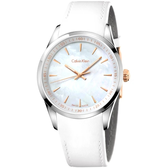 Дамски ръчен часовник с кварцов механизъм - корпус от Стомана - Естествена кожа - цвят Седеф Бял