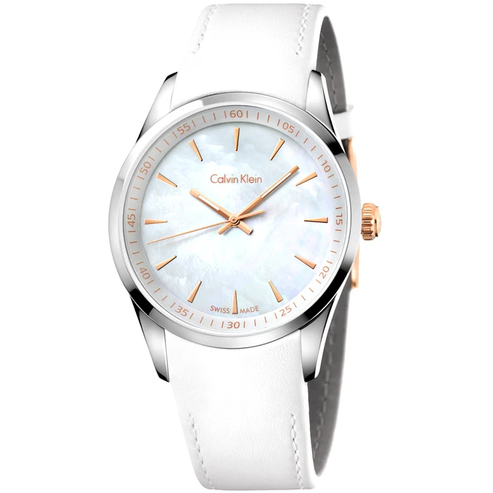 Дамски ръчен часовник с кварцов механизъм - корпус от Стомана - Естествена кожа - цвят Седеф Бял