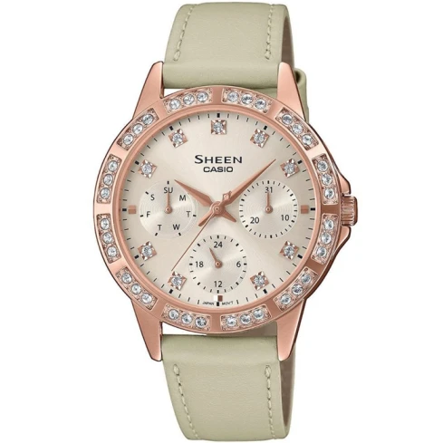 Casio SHE-3517PGL-9AUEF Sheen - Дамски ръчен часовник с кварцов механизъм - корпус от Стомана - Естествена кожа - цвят Бежов Бежов