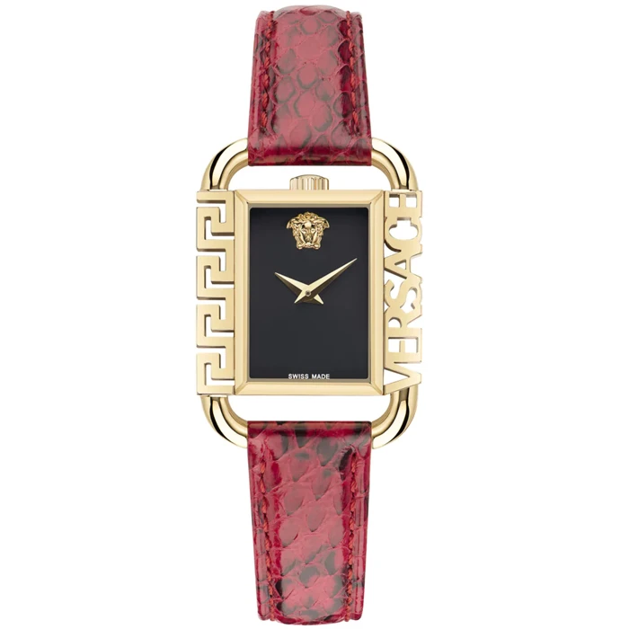 Дамски ръчен часовник с кварцов механизъм - корпус от Стомана - Естествена кожа - цвят Черен Червен