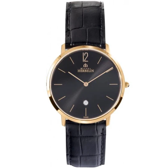 Мъжки ръчен часовник с кварцов механизъм - корпус от Стомана - Естествена кожа - цвят Черен Черен