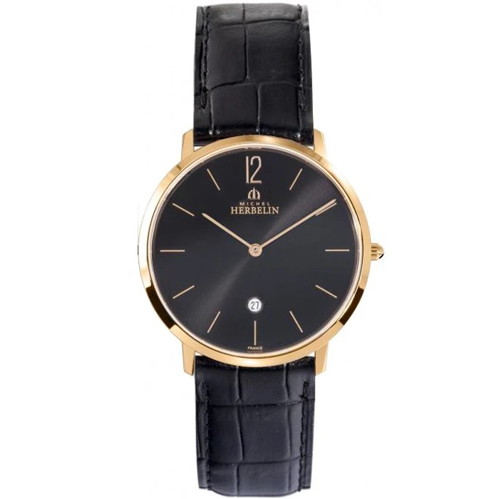 Мъжки ръчен часовник с кварцов механизъм - корпус от Стомана - Естествена кожа - цвят Черен Черен