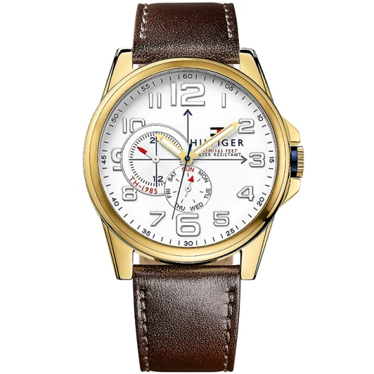 Мъжки ръчен часовник с кварцов механизъм - корпус от Стомана - Естествена кожа - цвят Бял Кафяв