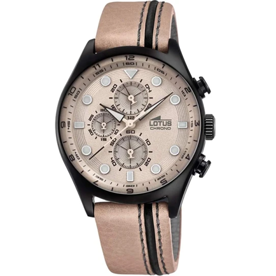 Lotus 18593/1 - Мъжки ръчен часовник с кварцов механизъм - корпус от Стомана - Естествена кожа - цвят Бежов Черен