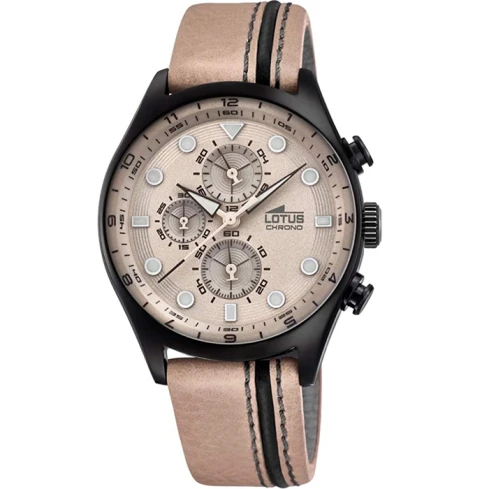 Lotus 18593/1 - Мъжки ръчен часовник с кварцов механизъм - корпус от Стомана - Естествена кожа - цвят Бежов Черен
