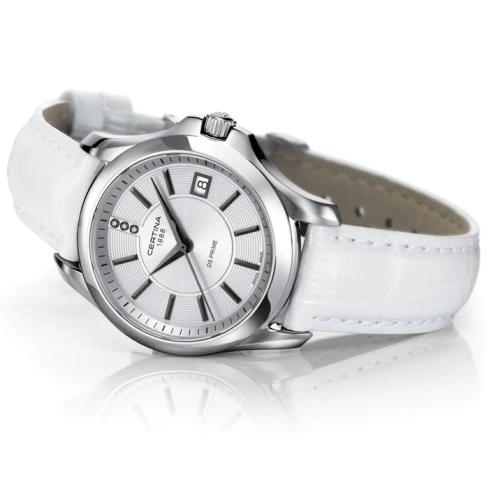 Дамски ръчен часовник с кварцов механизъм - корпус от Стомана - Естествена кожа - цвят Сребрист Бял