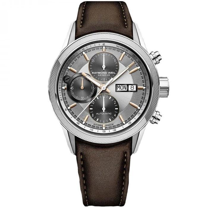 Мъжки ръчен часовник с автоматичен механизъм - корпус от Стомана - Естествена кожа - цвят Сив Кафяв