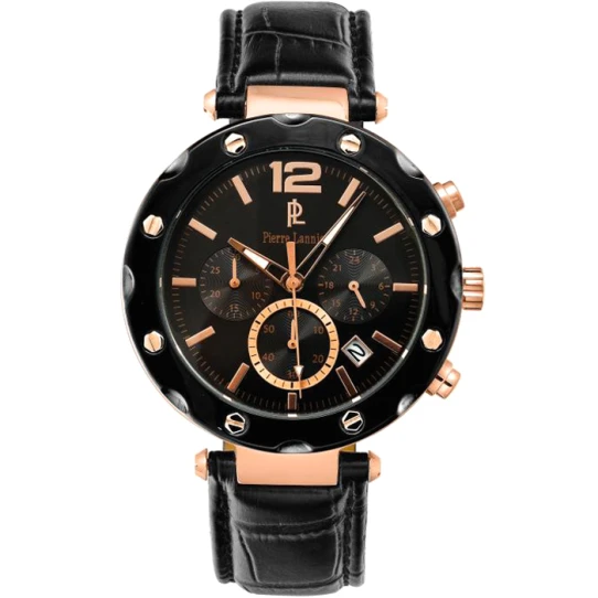 Мъжки ръчен часовник с кварцов механизъм - корпус от Стомана - Естествена кожа - цвят Черен Черен