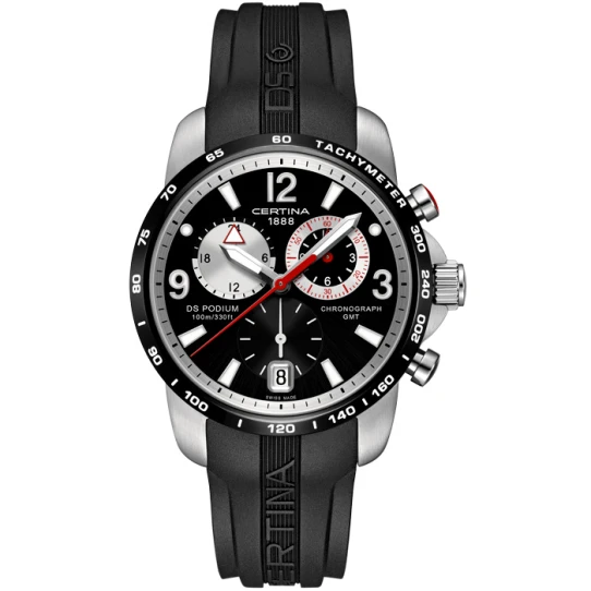 Certina C001.639.27.057.00 DS Podium Big GMT - Мъжки ръчен часовник с кварцов механизъм - корпус от Стомана - Каучук - цвят Черен Черен