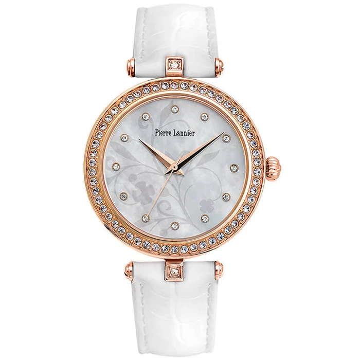 Дамски ръчен часовник с кварцов механизъм - корпус от Стомана - Естествена кожа - цвят Седеф Бял