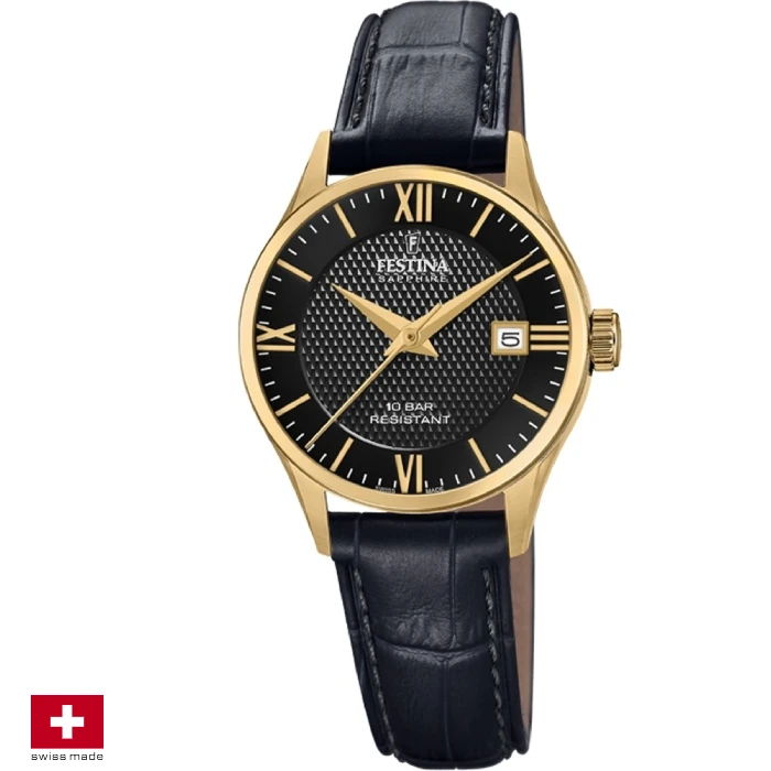 Дамски ръчен часовник с кварцов механизъм - корпус от Стомана и злато 18К - Естествена кожа - цвят Черен