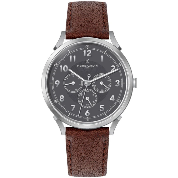 Мъжки ръчен часовник с кварцов механизъм - корпус от Стомана - Естествена кожа - цвят Сив Кафяв