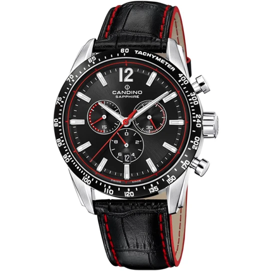 Мъжки ръчен часовник с кварцов механизъм - корпус от Стомана - Естествена кожа - цвят Черен Червен