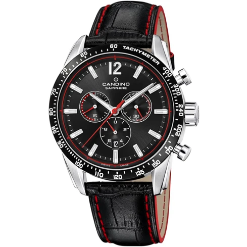 Мъжки ръчен часовник с кварцов механизъм - корпус от Стомана - Естествена кожа - цвят Черен Червен