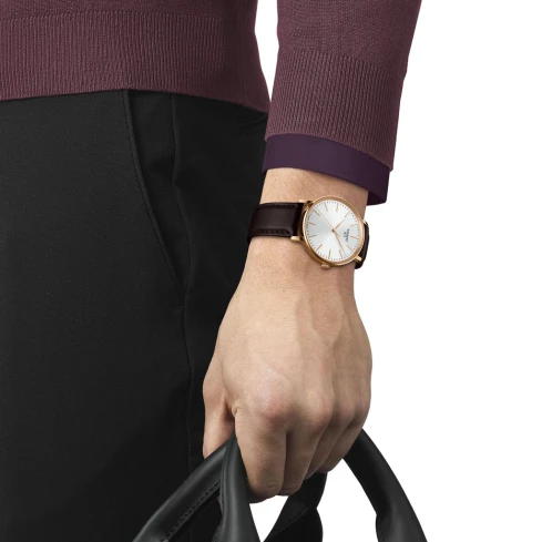 Мъжки ръчен часовник с кварцов механизъм - корпус от Стомана - Естествена кожа - цвят Бял Розово Злато