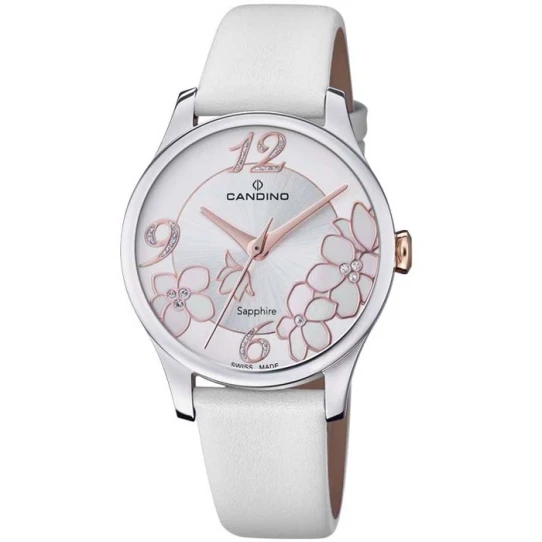 Дамски ръчен часовник с кварцов механизъм - корпус от Стомана - Естествена кожа - цвят Сребрист Бял