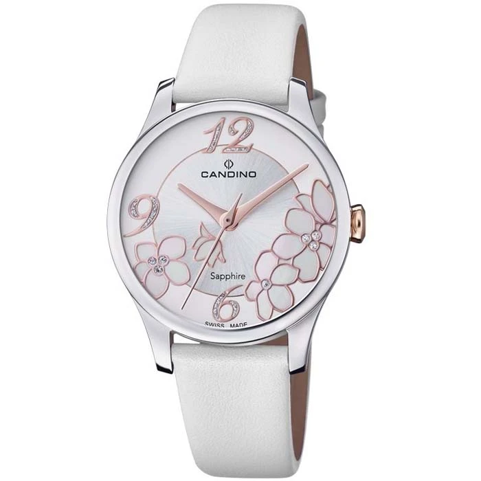 Дамски ръчен часовник с кварцов механизъм - корпус от Стомана - Естествена кожа - цвят Сребрист Бял