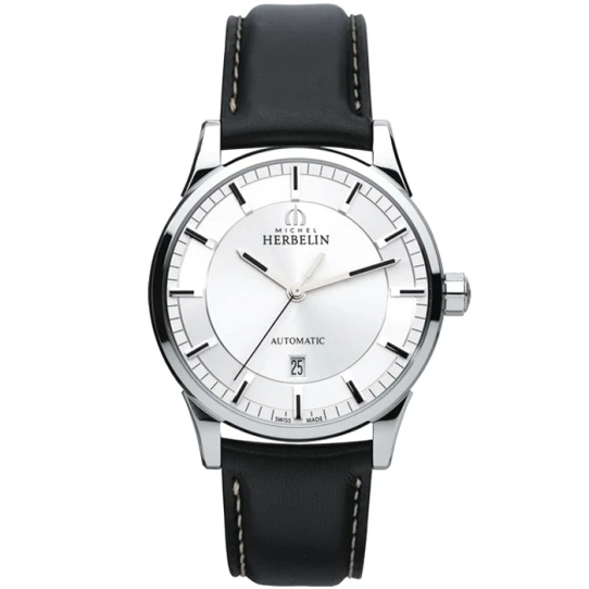 Мъжки ръчен часовник с автоматичен механизъм - корпус от Стомана - Естествена кожа - цвят Сребрист Черен