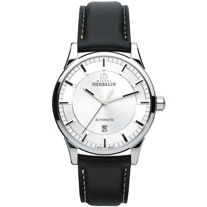 Мъжки ръчен часовник с автоматичен механизъм - корпус от Стомана - Естествена кожа - цвят Сребрист Черен