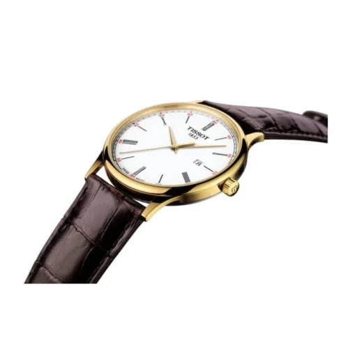 Мъжки ръчен часовник с кварцов механизъм - корпус от Жълто злато - Естествена кожа - цвят Бял Кафяв