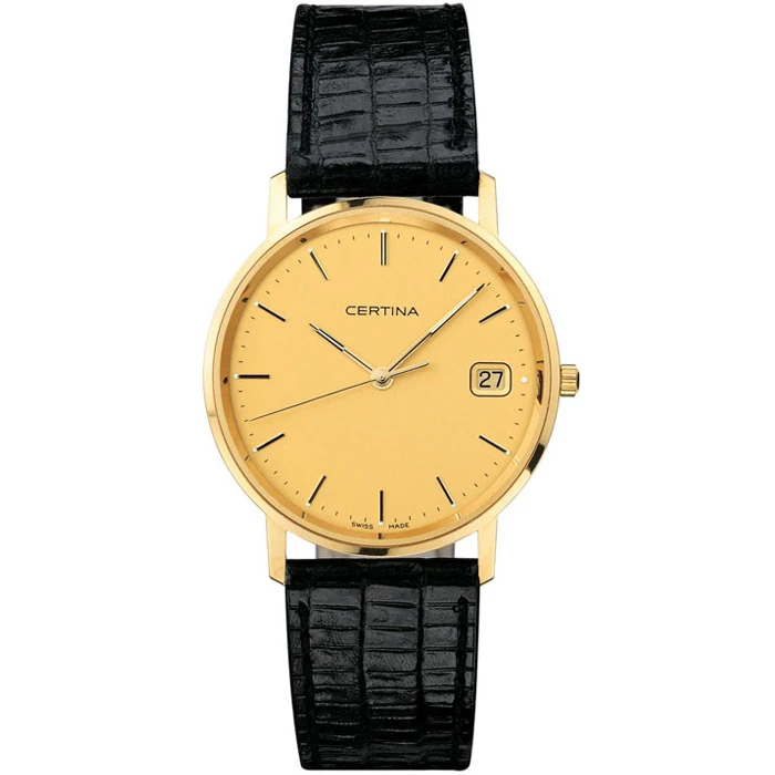 Мъжки ръчен часовник с кварцов механизъм - корпус от Жълто злато 18К - Естествена кожа - цвят Злато Черен