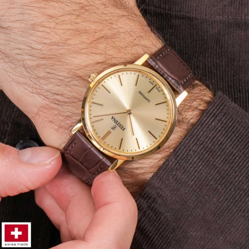 Мъжки ръчен часовник с кварцов механизъм - корпус от Стомана и злато 18К - Естествена кожа - цвят Жълт