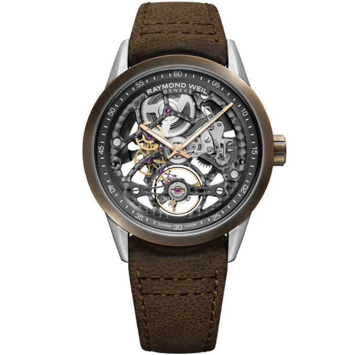 Мъжки ръчен часовник с автоматичен механизъм - корпус от Стомана - Естествена кожа - цвят Скелетон Сив