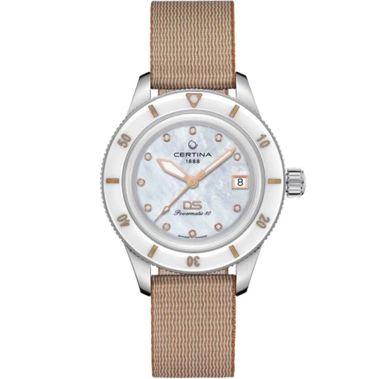 Дамски ръчен часовник с автоматичен механизъм - корпус от Стомана - Текстил - цвят Седеф Бежов