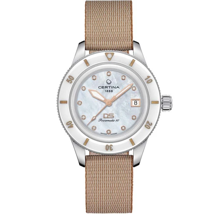 Дамски ръчен часовник с автоматичен механизъм - корпус от Стомана - Текстил - цвят Седеф Бежов