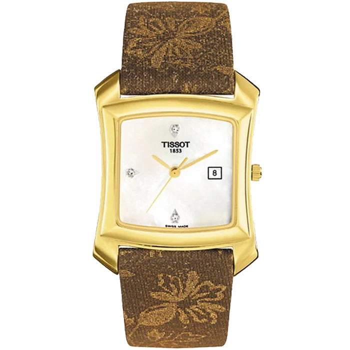 Дамски ръчен часовник с кварцов механизъм - корпус от Жълто злато 18К - Естествена кожа - цвят Седеф Кафяв