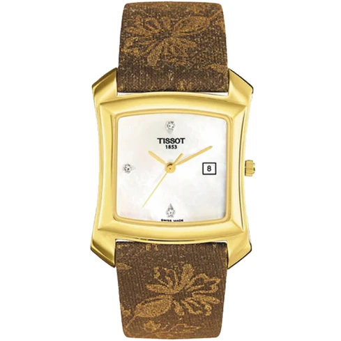 Дамски ръчен часовник с кварцов механизъм - корпус от Жълто злато 18К - Естествена кожа - цвят Седеф Кафяв