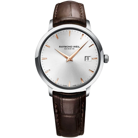 Мъжки ръчен часовник с кварцов механизъм - корпус от Стомана - Естествена кожа - цвят Сребрист Кафяв