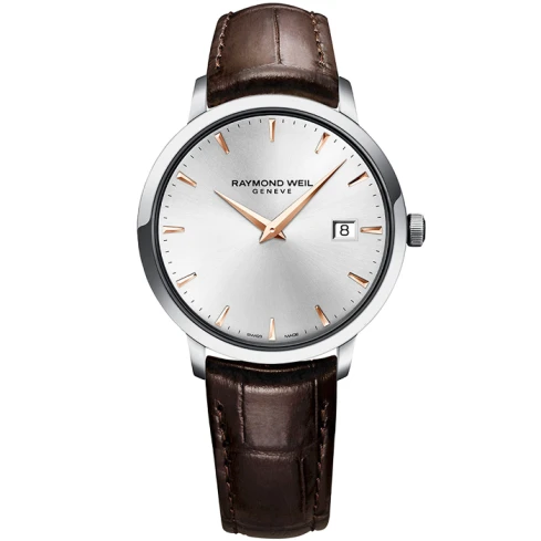 Мъжки ръчен часовник с кварцов механизъм - корпус от Стомана - Естествена кожа - цвят Сребрист Кафяв