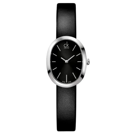 Дамски ръчен часовник с кварцов механизъм - корпус от Стомана - Естествена кожа - цвят Черен Черен