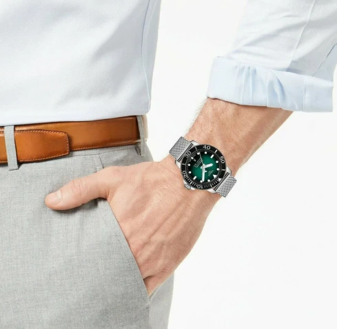 Мъжки ръчен часовник с автоматичен механизъм - корпус от Стомана - Меш - цвят Зелен Сив