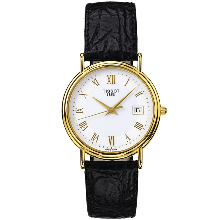 Мъжки ръчен часовник с кварцов механизъм - корпус от Жълто злато 18К - Естествена кожа - цвят Бял Черен