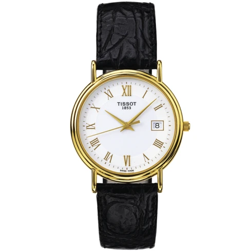 Мъжки ръчен часовник с кварцов механизъм - корпус от Жълто злато 18К - Естествена кожа - цвят Бял Черен