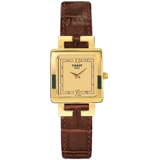 Дамски ръчен часовник с кварцов механизъм - корпус от Жълто злато 18К - Естествена кожа - цвят Шампанско Кафяв