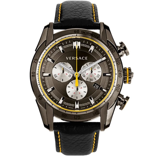 Мъжки ръчен часовник с кварцов механизъм - корпус от Стомана - Естествена кожа - цвят Черен Жълт