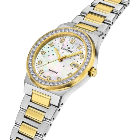 Дамски ръчен часовник с кварцов механизъм - корпус от Стомана и злато 18К - Стоманена верижка - цвят Седеф