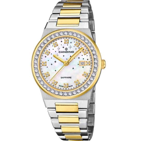 Дамски ръчен часовник с кварцов механизъм - корпус от Стомана и злато 18К - Стоманена верижка - цвят Седеф