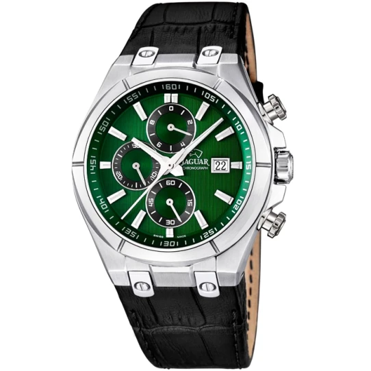 Мъжки ръчен часовник с кварцов механизъм - корпус от Стомана - Естествена кожа - цвят Зелен Черен