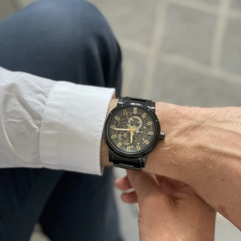 Мъжки ръчен часовник с автоматичен механизъм - корпус от Стомана - Стоманена верижка - цвят Скелетон Черен