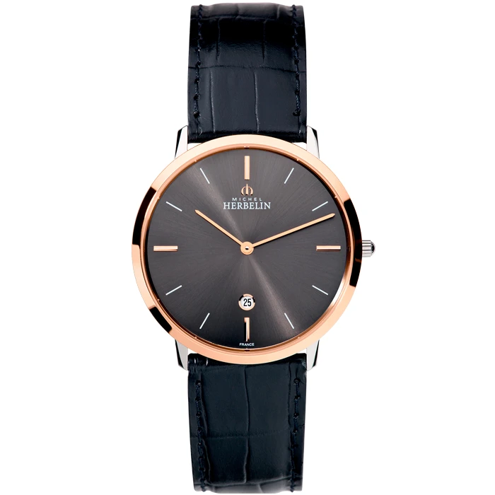 Мъжки ръчен часовник с кварцов механизъм - корпус от Стомана - Естествена кожа - цвят Сив Черен