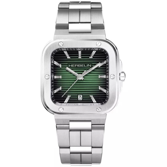 Мъжки ръчен часовник с кварцов механизъм - корпус от Стомана - Стоманена верижка - цвят Зелен Сив