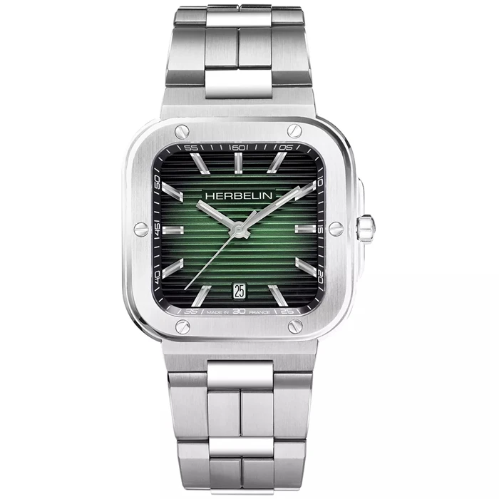 Мъжки ръчен часовник с кварцов механизъм - корпус от Стомана - Стоманена верижка - цвят Зелен Сив