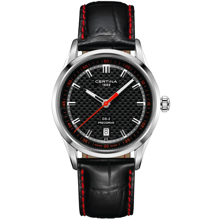 Мъжки ръчен часовник с кварцов механизъм - корпус от Стомана - Естествена кожа - цвят Черен Червен