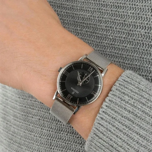 Мъжки ръчен часовник с кварцов механизъм - корпус от Стомана - Меш - цвят Черен