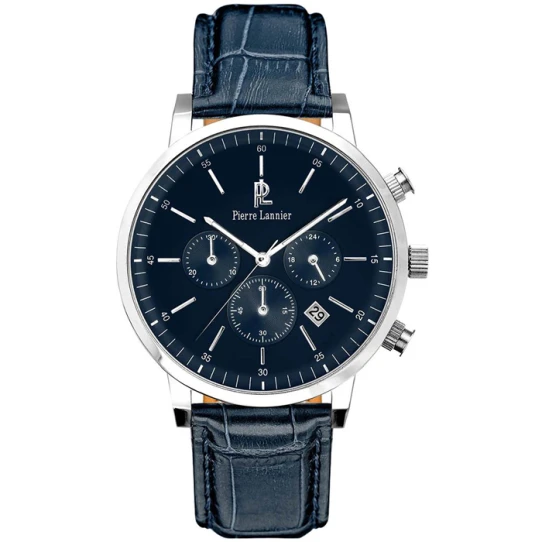 Мъжки ръчен часовник с кварцов механизъм - корпус от Стомана - Естествена кожа - цвят Син Син